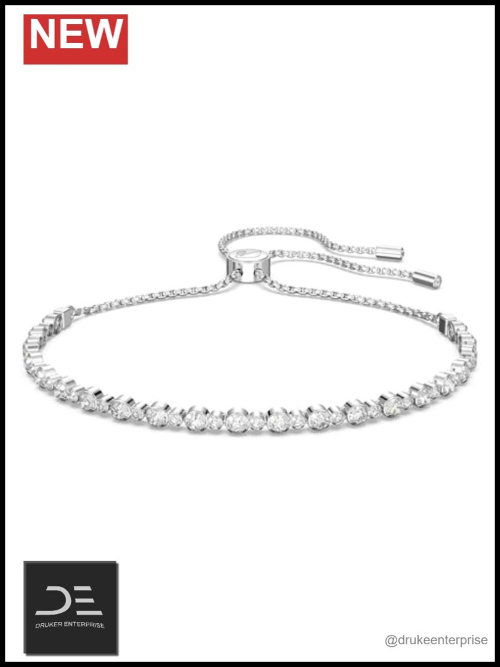Crystal Tennis Bracelet with Rhodium Finish, Adjustable Bolo Closure, Round Cut